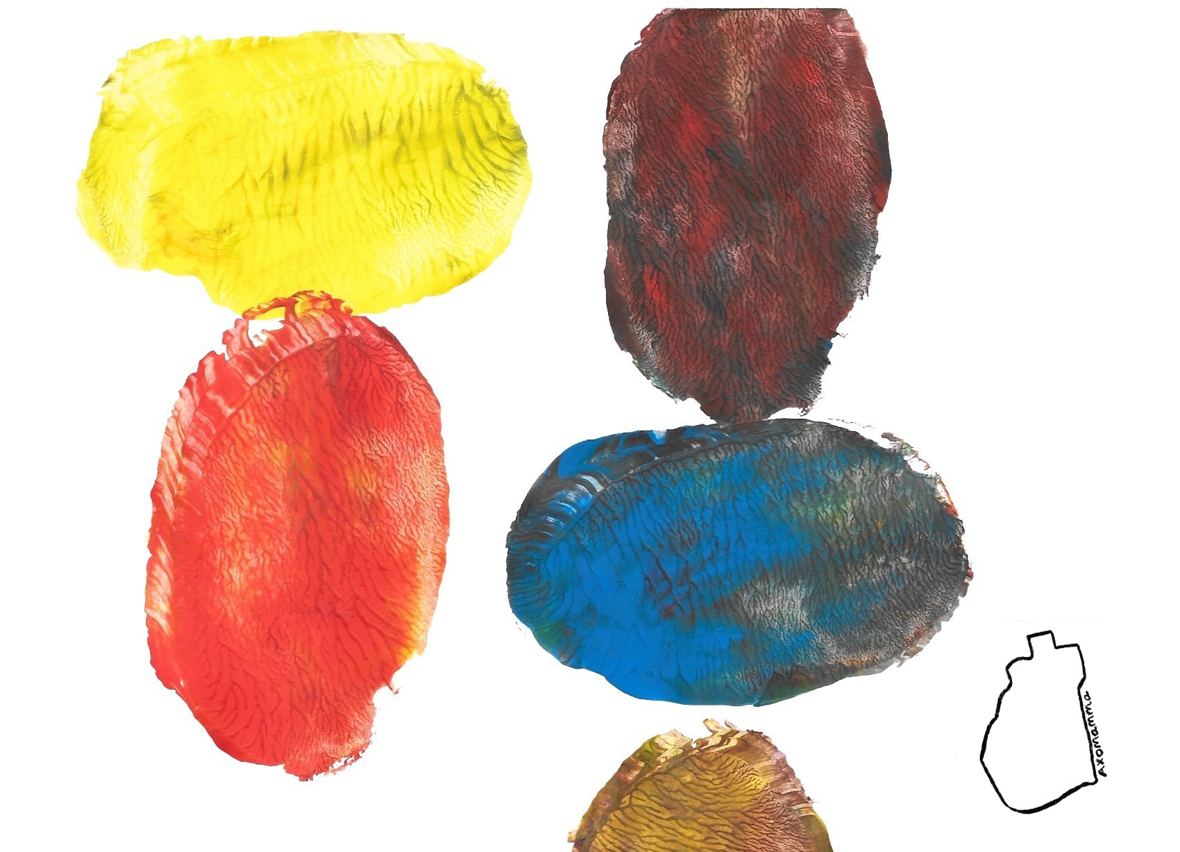 Poatistryck i olika färger. Axomamma-logotyp i högre nedre hörnet