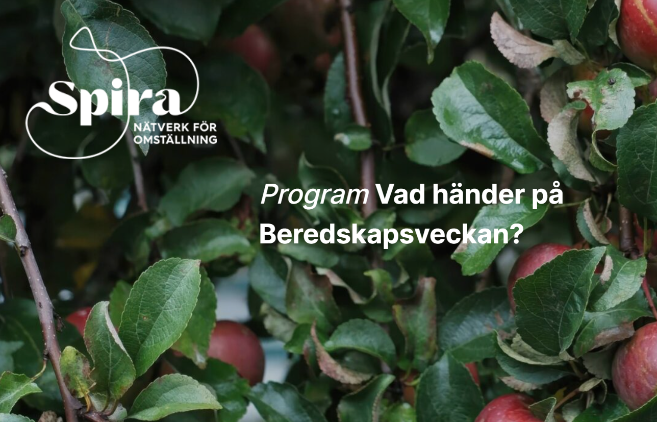 Text mot bakgrund av ett äppelträd: Program vad händer på beredskapsveckan? Spira-logga.